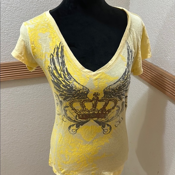 Vintage Yellow Lei Graphic V-Neck Women Top Size 11/13 - Picture 3 of 8